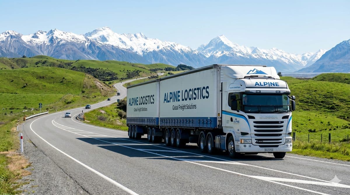 Articulated truck on New Zealand highway with Southern Alps backdrop