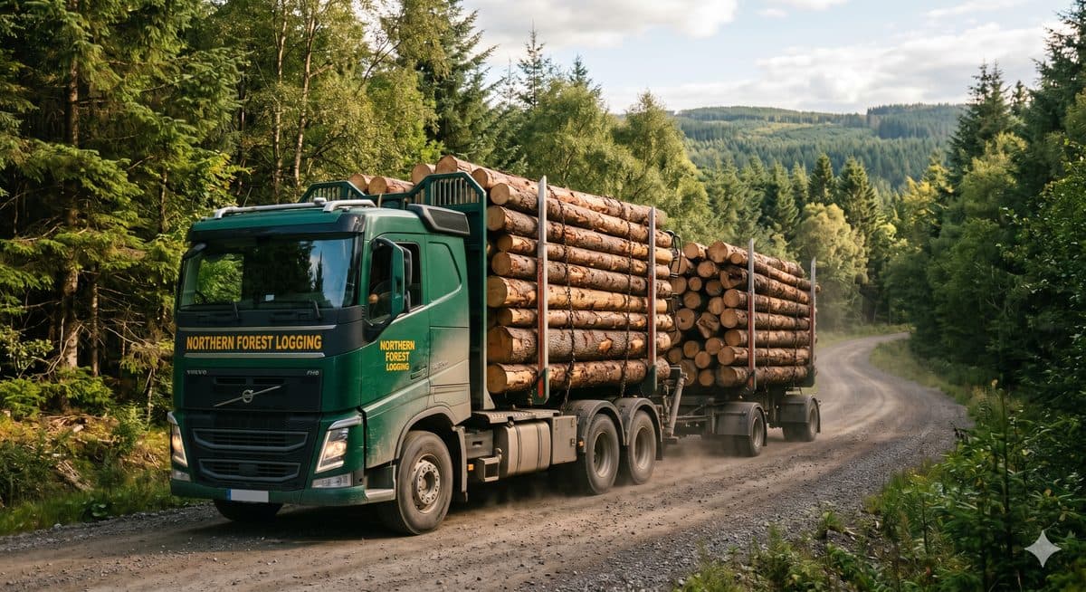 Logging truck carrying timber load through New Zealand forest road