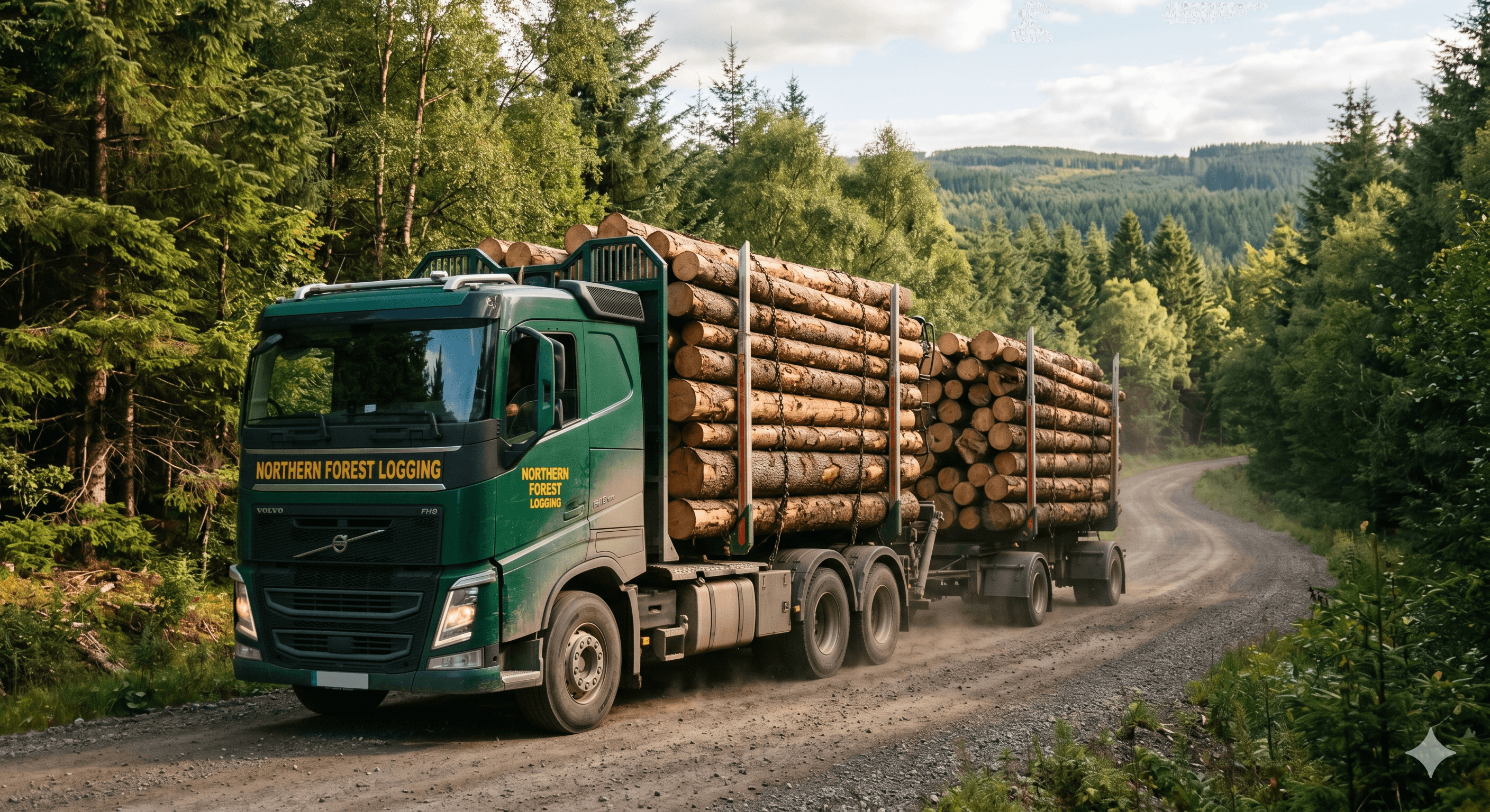 Logging truck carrying timber load through New Zealand forest road