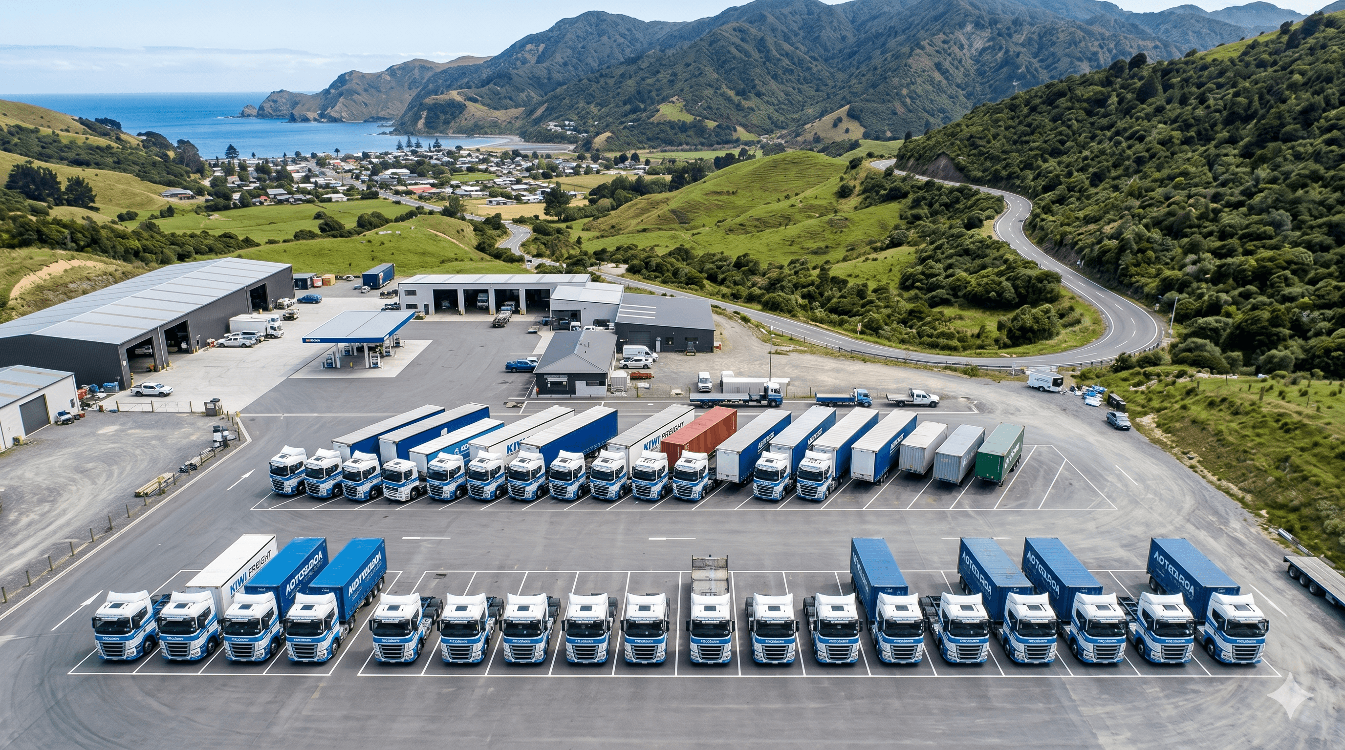 Aerial view of highway logistics depot near coast