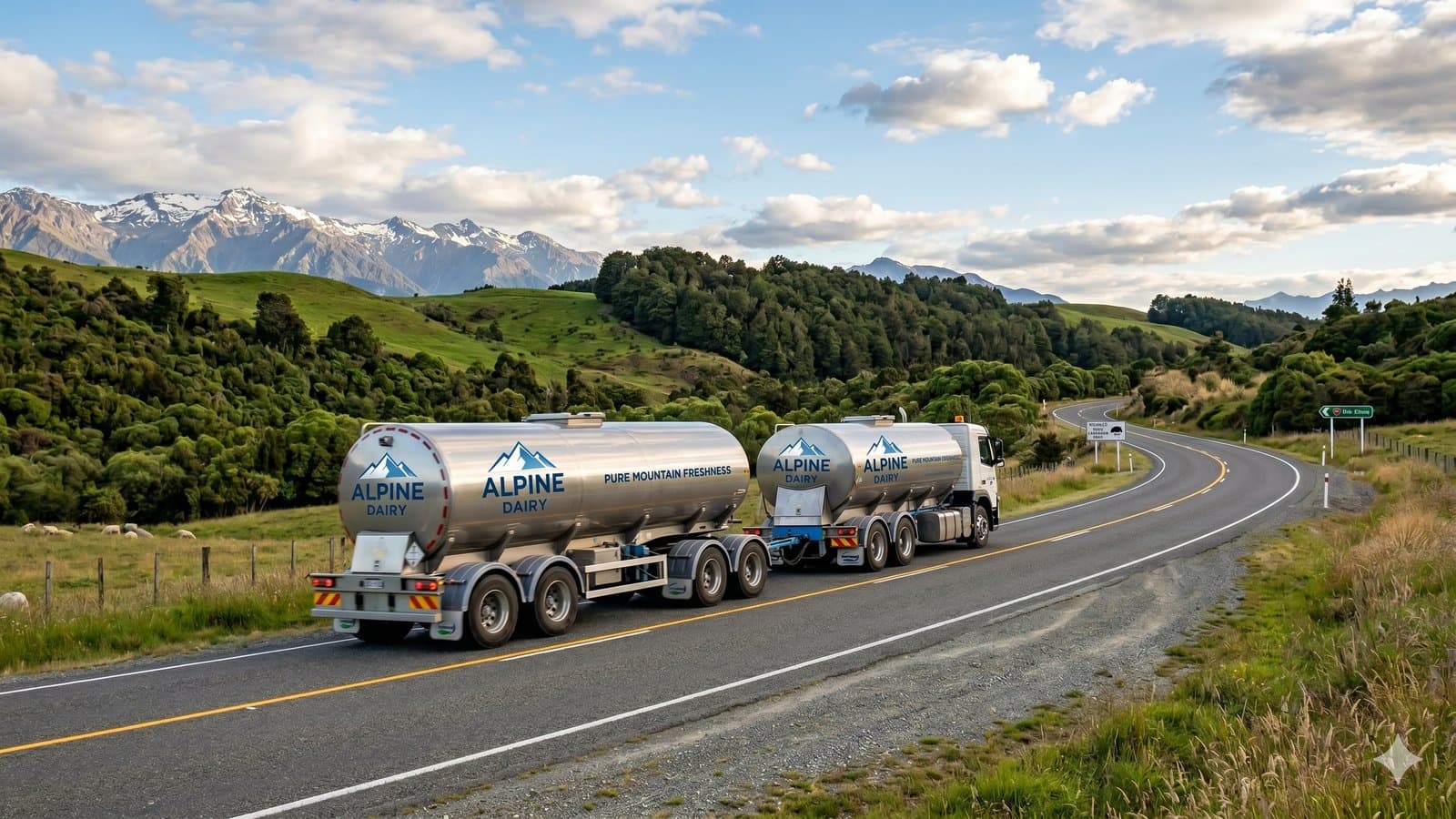 Alpine Dairy milk tanker on New Zealand highway with Southern Alps backdrop